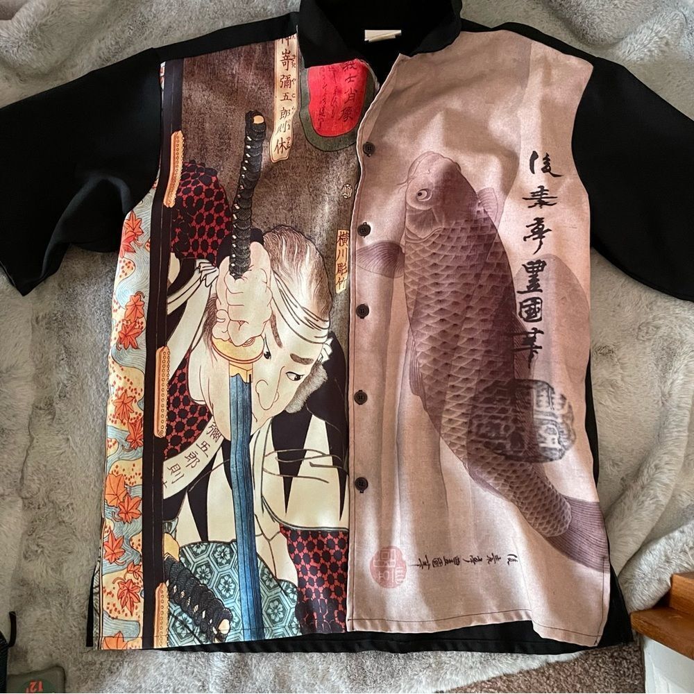Vintage WD Sportswear Samurai Ukiyo-e All Over Print Button Up Shirt Men's XL